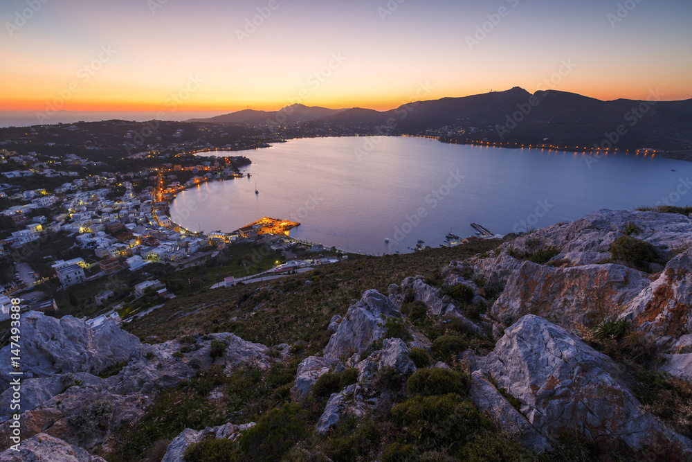 View of Agia Marina village on Leros island in Greece at sunset. 
