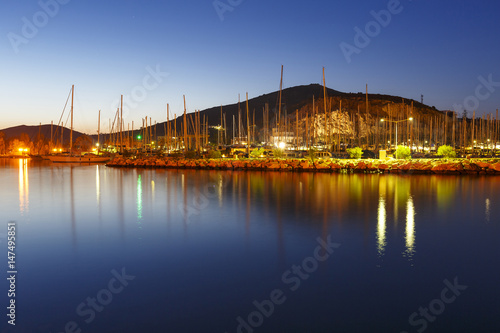 View of a marina in Lakki village on Leros island in Greece early in the morning. 
 photo