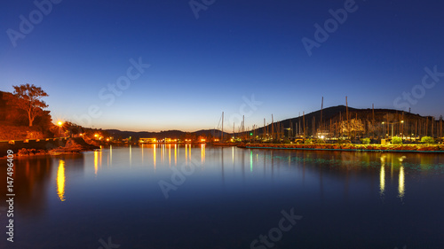 View of a marina in Lakki village on Leros island in Greece early in the morning. 