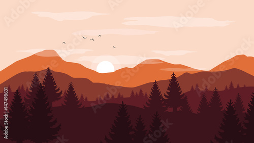 Naklejka Krajobraz z pomarańczowymi i czerwonymi sylwetkami góry i wzgórza z zmierzchu menchii niebem - wektorowa ilustracja