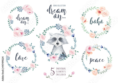 Set of watercolor boho floral wreath with raccoon. Watercolour bohemian natural frame: leaves, feathers, flowers, Isolated on white background. Artistic decoration illustration.