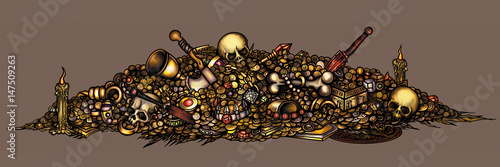 Dark fantasy cursed treasure. Illustration pile of treasure with coins, gold, jewelry, gems, artefacts, skulls, weapon
