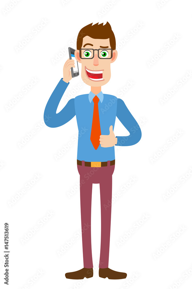 Businessman talking on mobile phone and showing thumb up Businessman talking on mobile phone and showing thumb up