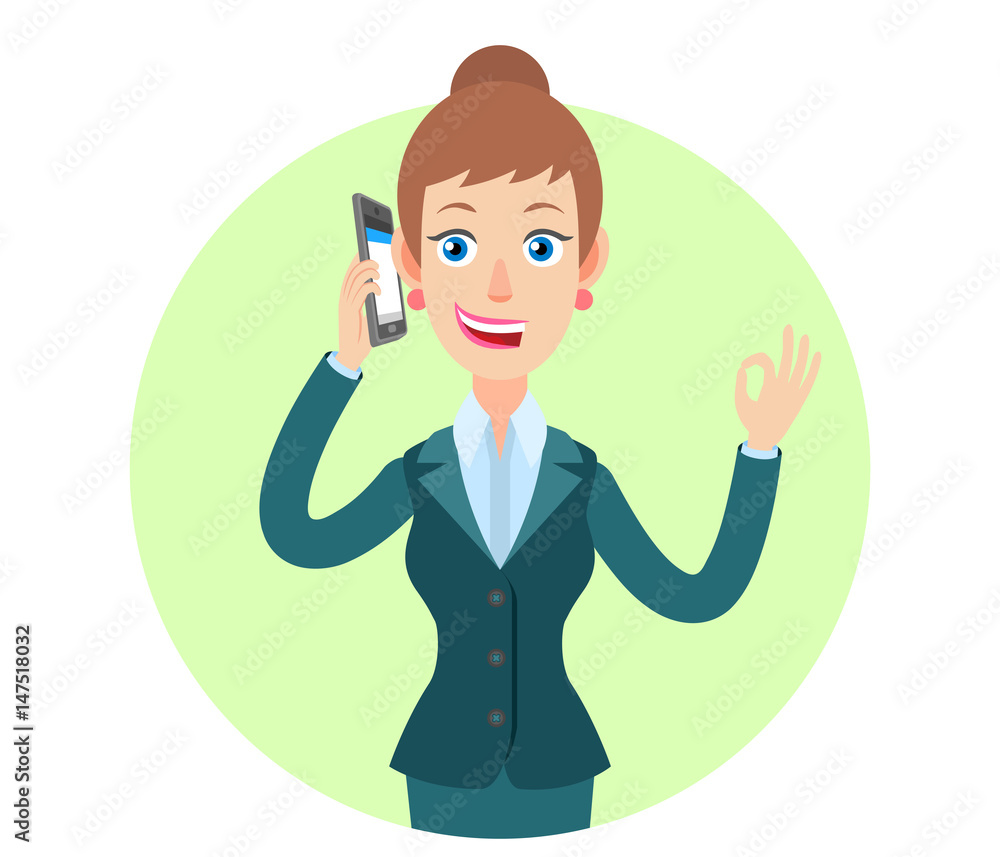Businesswoman holding mobile phone and showing a okay hand sign