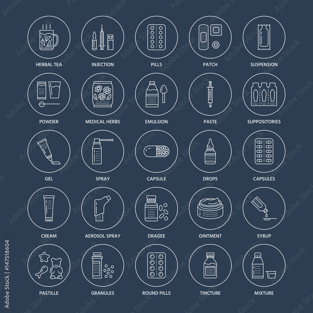 Medicines, dosage forms line icons. Pharmacy medicaments, tablet, capsules, pills, antibiotics, vitamins, painkillers, aerosol spray. Medical threatment, health care thin linear signs for drug store Medicines, dosage forms line icons. Pharmacy medicaments, tablet, capsules, pills, antibiotics, vitamins, painkillers, aerosol spray. Medical threatment, health care thin linear signs for drug store