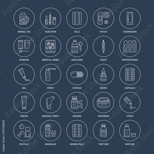 Medicines, dosage forms line icons. Pharmacy medicaments, tablet, capsules, pills, antibiotics, vitamins, painkillers, aerosol spray. Medical threatment, health care thin linear signs for drug store