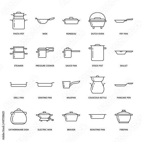 Pot, pan and steamer line icons. Restaurant professional equipment signs. Kitchen utensil - wok, saucepan, eathernware dish. Thin linear signs for commercial cooking store