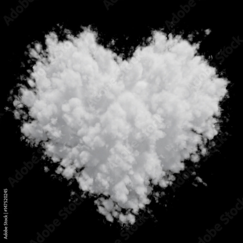 White heart shaped cloud isolated on black background. 3D illustration. Apply to any image in screen mode.