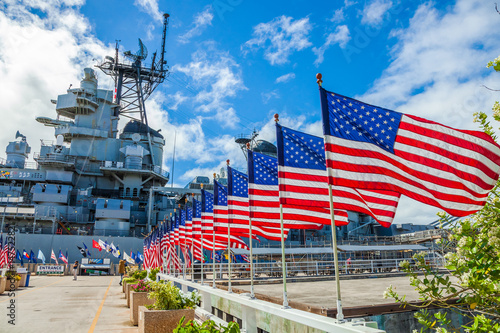 Valokuvatapetti American flags in line at Missouri Warship Memorial in Pearl Harbor Honolulu Hawaii, Oahu island of United States