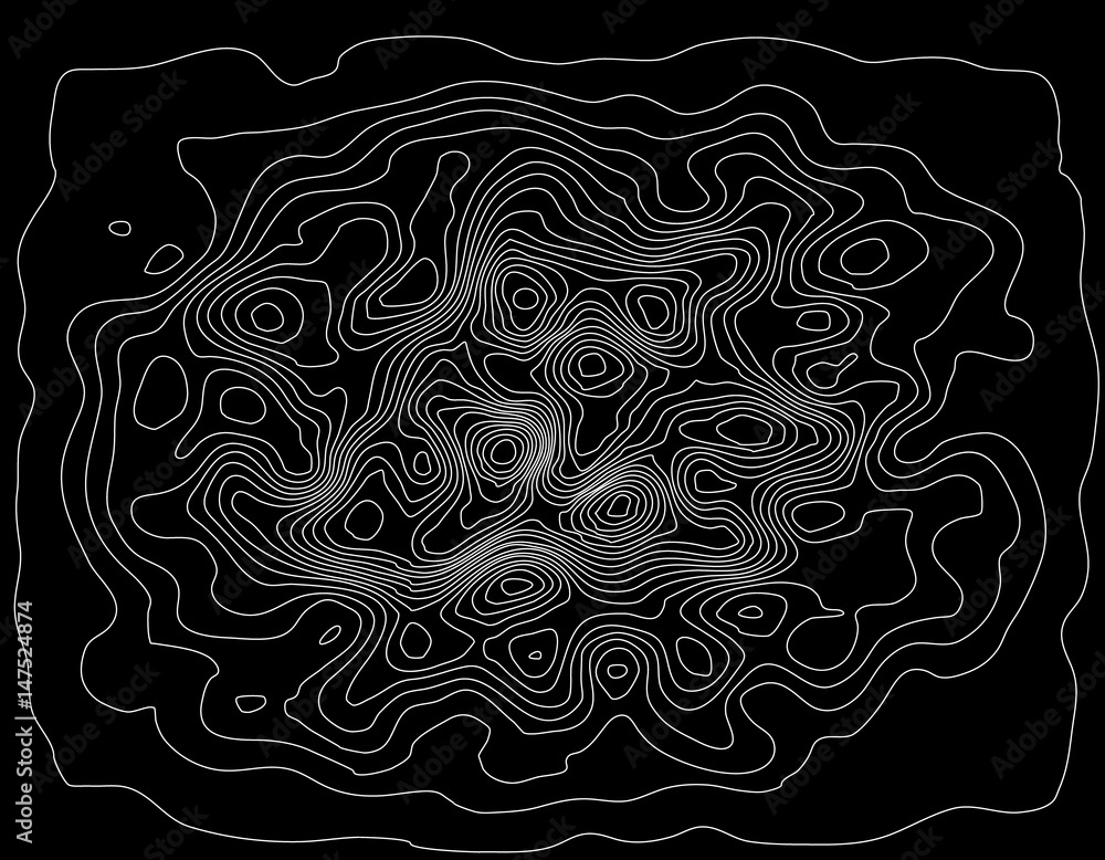 Abstract topographic map. Black background. Vector outline illustration.