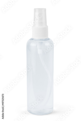 Realistic transparent cosmetic bottle sprayer container. Dispenser with cap for cream, perfume, and other cosmetics.