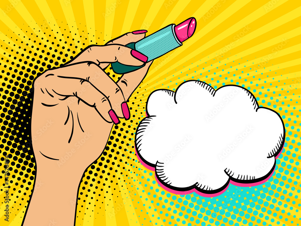 Fototapeta premium Pop art background with female hand holding pink lipstick and empty speech bubble for your offer on halftone background. Vector colorful hand drawn illustration in retro comic style.