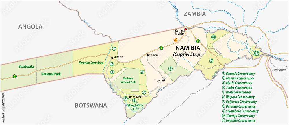 National park and conservancy map of the Caprivi Strip in the north east of Namibia