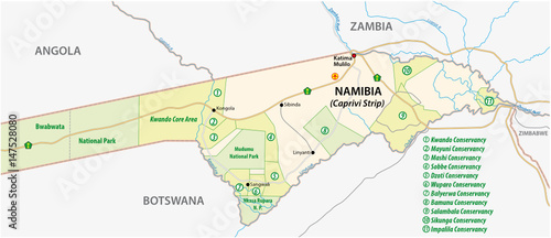 National park and conservancy map of the Caprivi Strip in the north east of Namibia