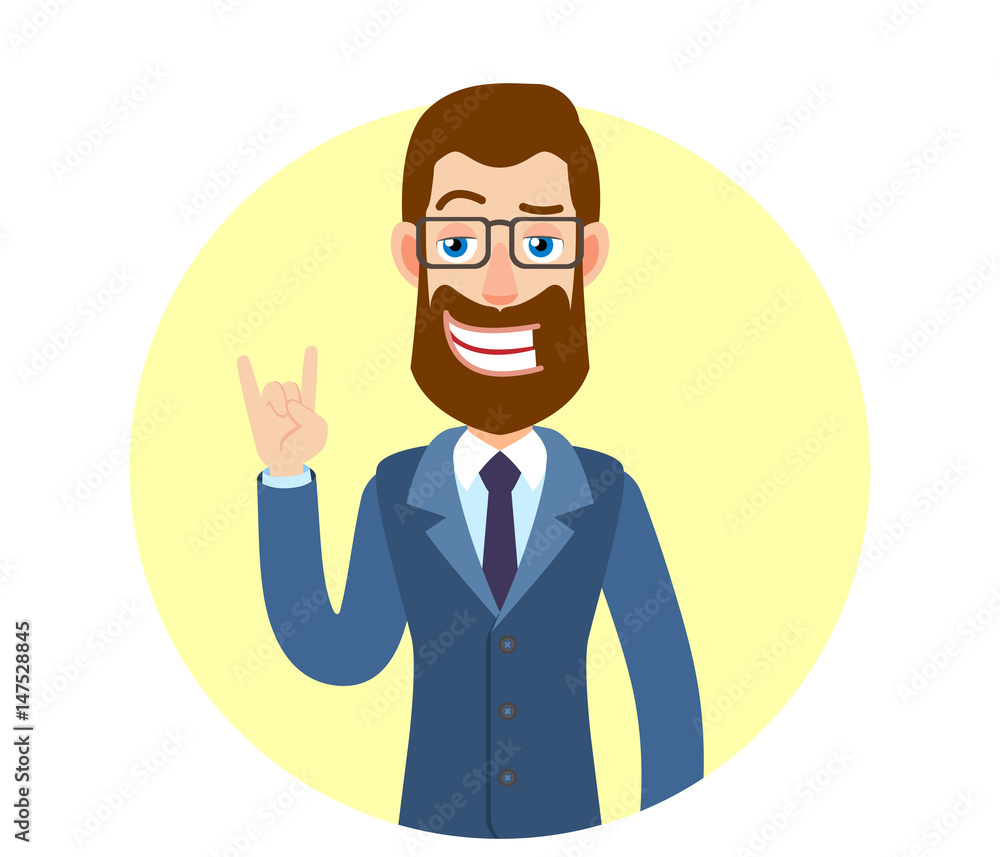 Hipster Businessman showing Rock and Roll sign Hipster Businessman showing Rock and Roll sign