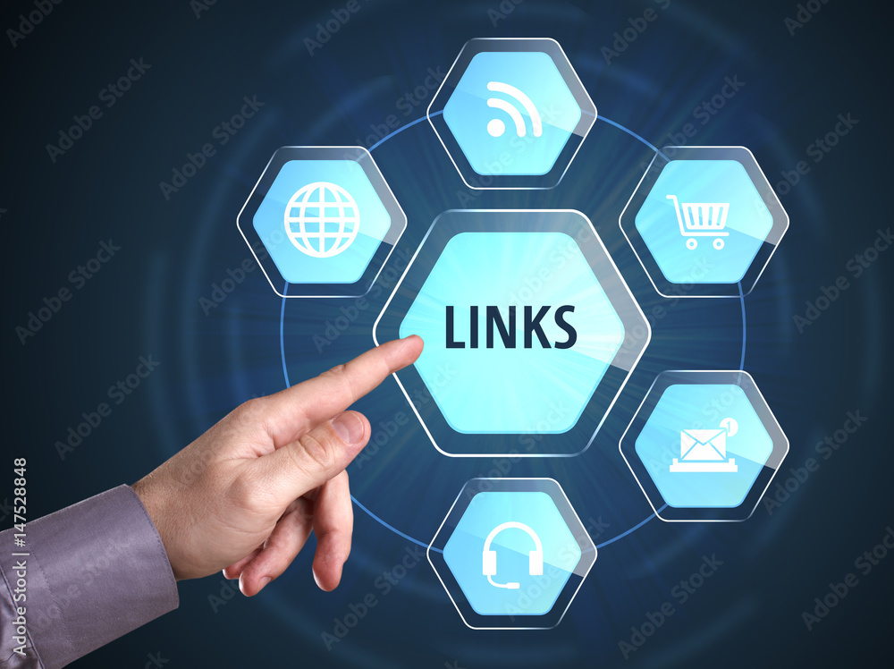 Business, Technology, Internet and network concept. Young businessman shows the word: Links Business, Technology, Internet and network concept. Young businessman shows the word: Links