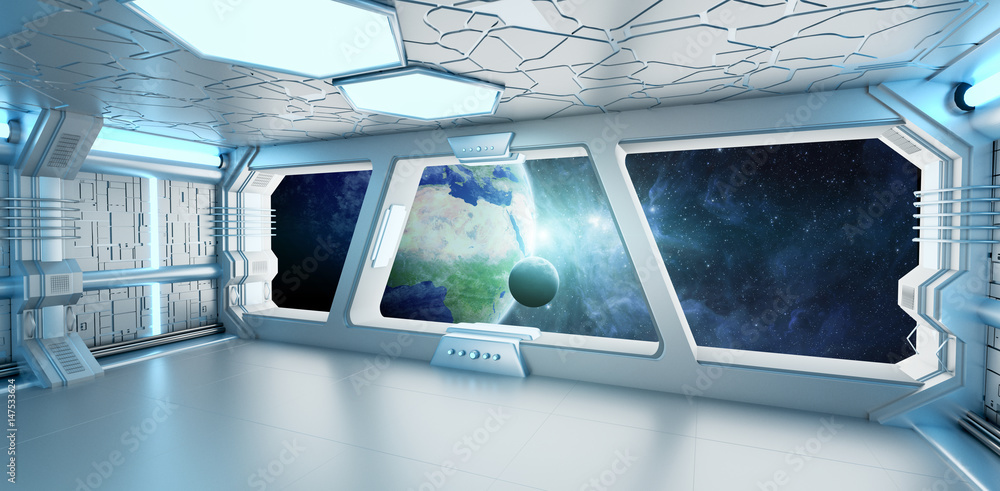 Obraz premium Spaceship interior with view on the planet Earth 3D rendering elements of this image furnished by NASA