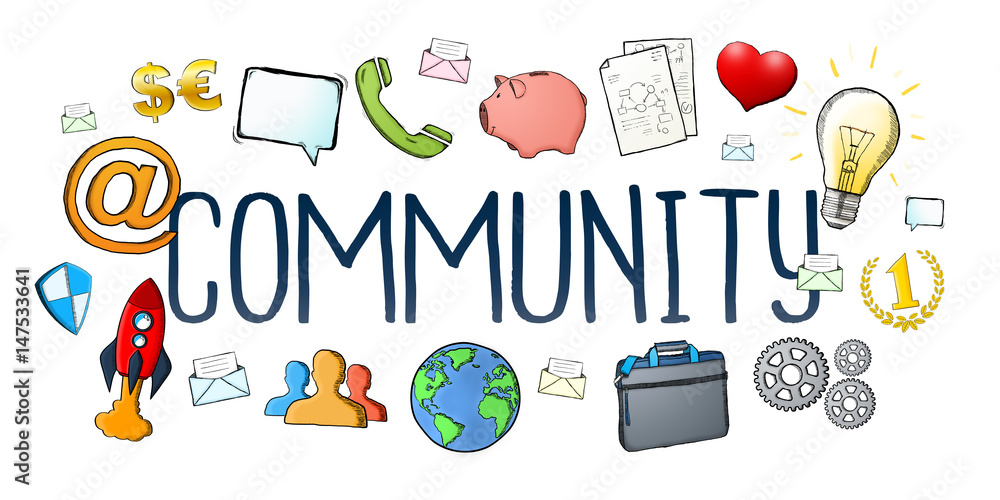 Hand-drawn community text with icon Hand-drawn community text with icon