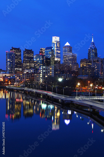 Vertical night scene of the city of Philadelphia skyline