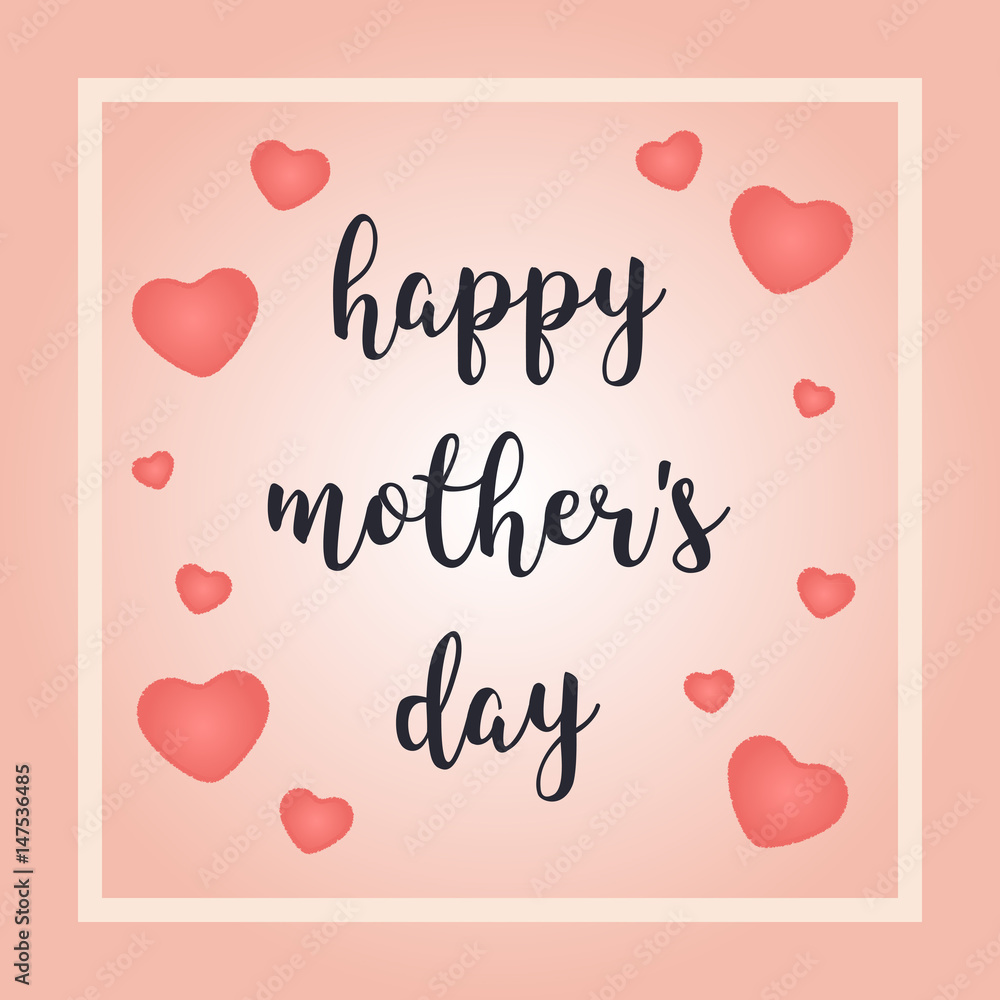 Happy Mother's Day greeting card with red hearts on soft pink background.