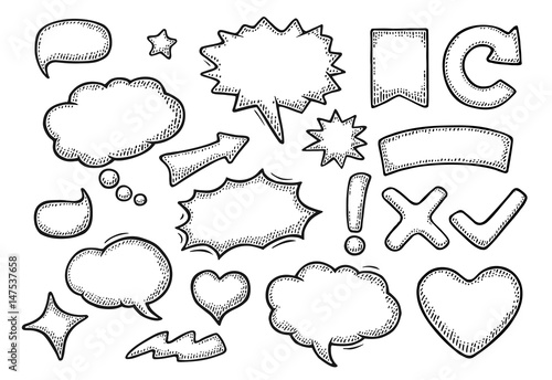 Set speech and thought bubbles. Vintage vector engraving