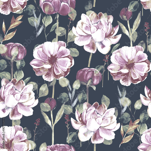 Seamless hand illustrated floral patter with peony. Watercolor botanical back...