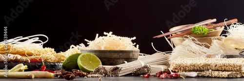 Panoramic banner with assortment of Asian noodles