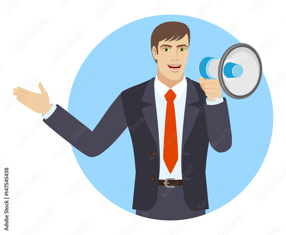 Businessman with loudspeaker showing something beside of him Businessman with loudspeaker showing something beside of him
