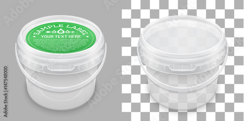 Labeled transparent empty plastic bucket for storage. Vector packaging mockup illustration.