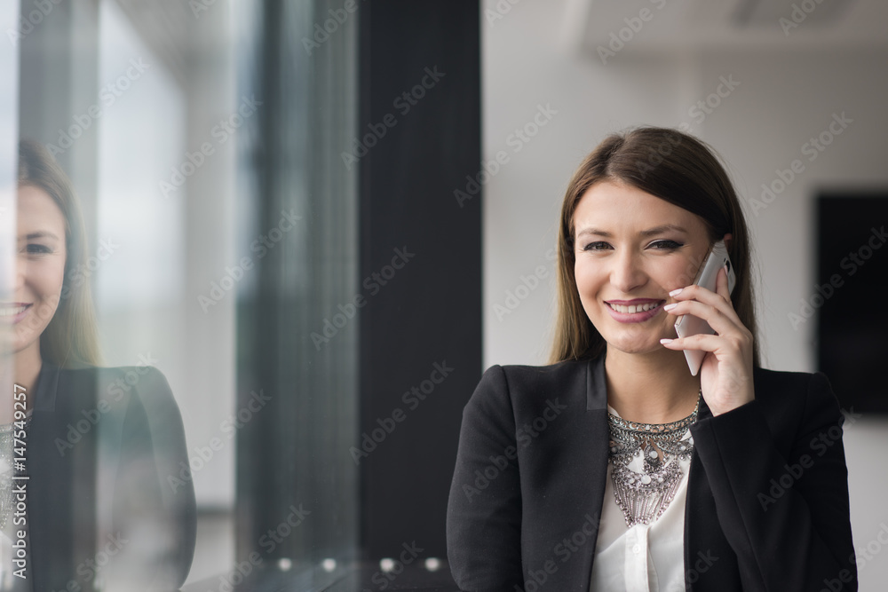 Business Girl Standing In A Modern Building Near The Window With Phone Business Girl Standing In A Modern Building Near The Window With Phone