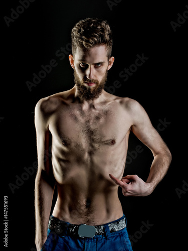 bearded man or hipster with slim body, with anorexia
