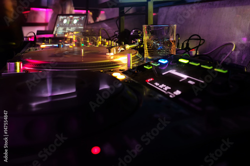 Professional dj equipment in night club