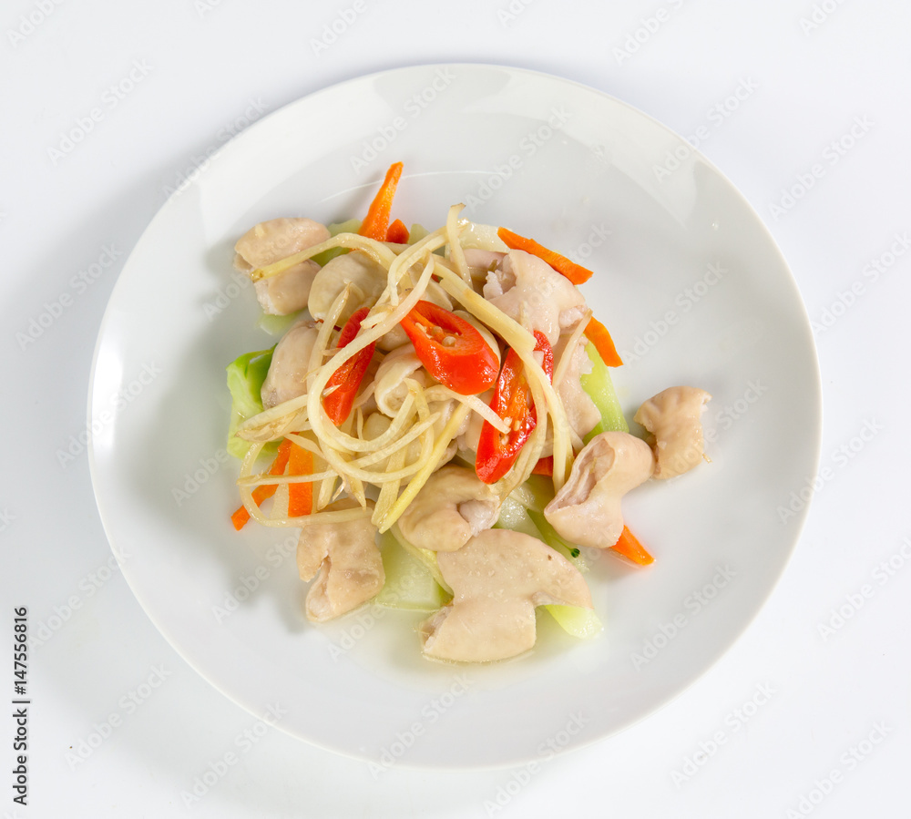 Boiled Pig intestine on white dish in asia Boiled Pig intestine on white dish in asia