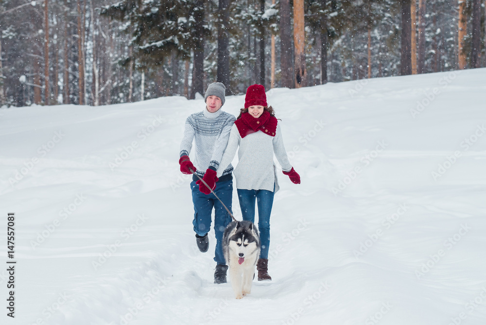 Naklejka premium Young couple with a Husky dog walking in winter park, man and woman playing and having fun with dog.