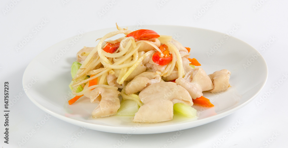 Boiled Pig intestine on white dish in asia Boiled Pig intestine on white dish in asia