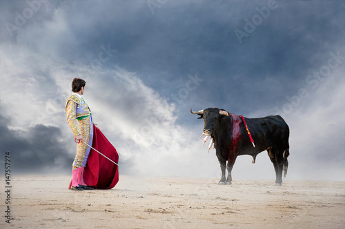 Bullfighter holding red cape with bull, Las Ventas bullring, Madrid