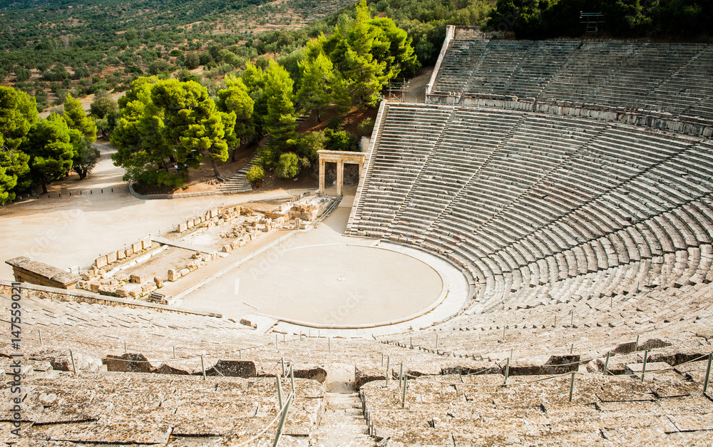 Famous Greek ancient empty amphitheater in Epidaurus, Greece