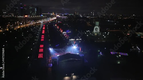 Aerial view of Illuminated Memorial complex to the Great Patriotic War and Temple of St. George at Poklonnaya Hill in Moscow HD