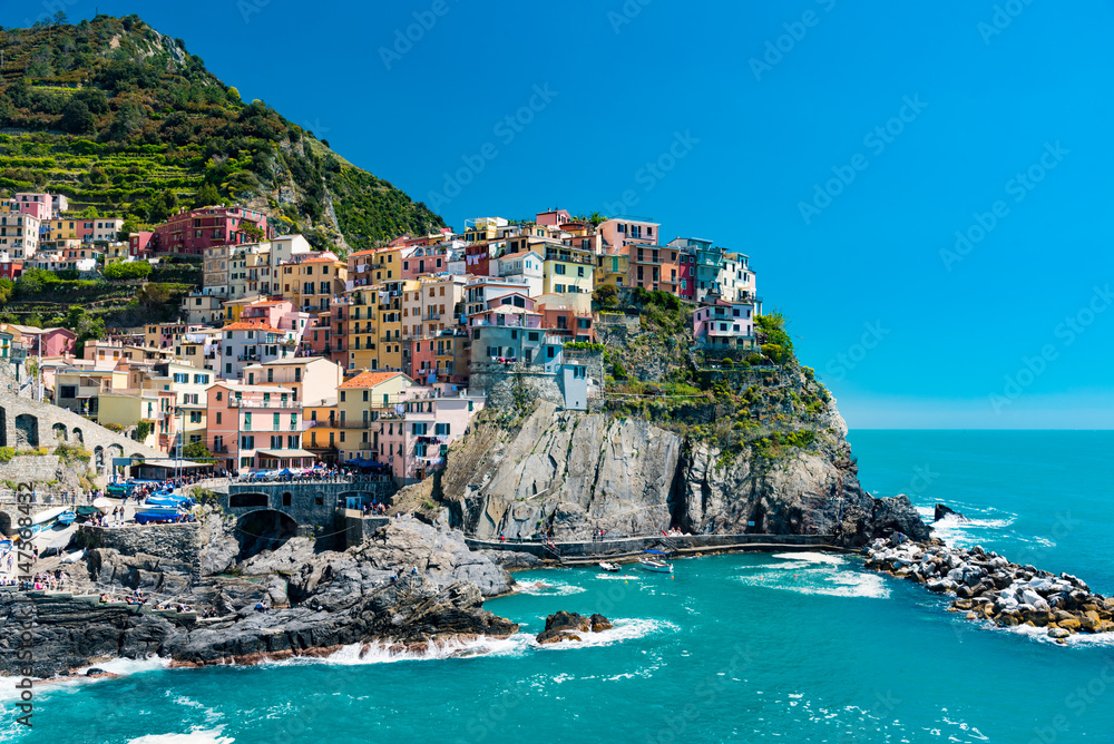 View of the colorful city of Manarola in the Gulf of Five Lands in Italy