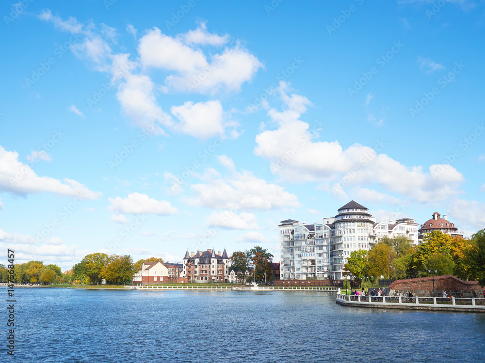 Scenic view of Kaliningrad. City landscape, the upper lake with beautiful houses.