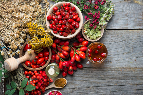 Valokuva Medicinal plants and herbs composition: Dog rose, bunch branch Rosehips, types Rosa canina hips, essential oil