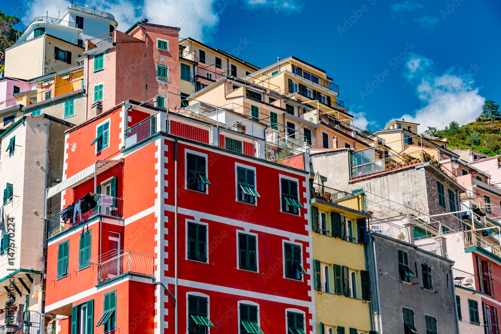 View of the colorful city of Riomaggiore in the gulf of the five lands in Italy