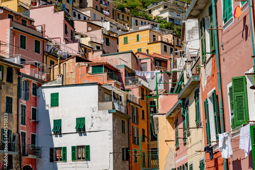 View of the colorful city of Riomaggiore in the gulf of the five lands in Italy