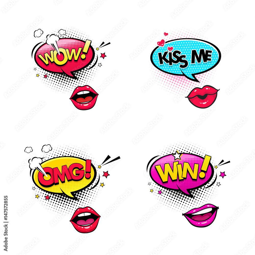 Naklejka Comic speech bubbles and female lips set with different emotions and text Wow, Oh my God, kiss me, Win. Vector colorful dynamic cartoon illustrations isolated on white background.