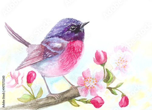 Obraz na płótnie akwarela ptak siedzący na gałęzi drzewa kwiaty kwitnąć