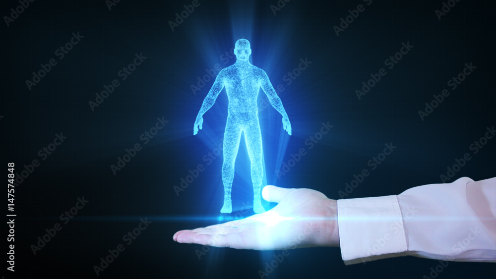 Businessman is holding a human hologram in his hand - obrazy, fototapety, plakaty 