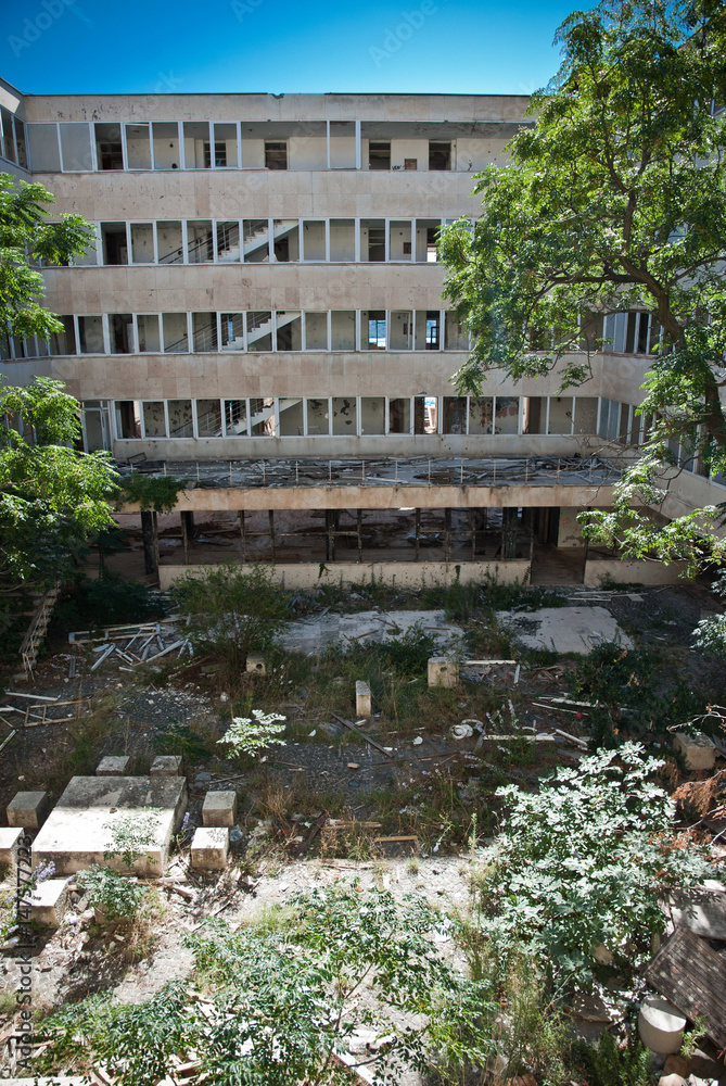 Abandoned dirty demolished building, one of hotels in Kupari complex near Dubrovnik city
