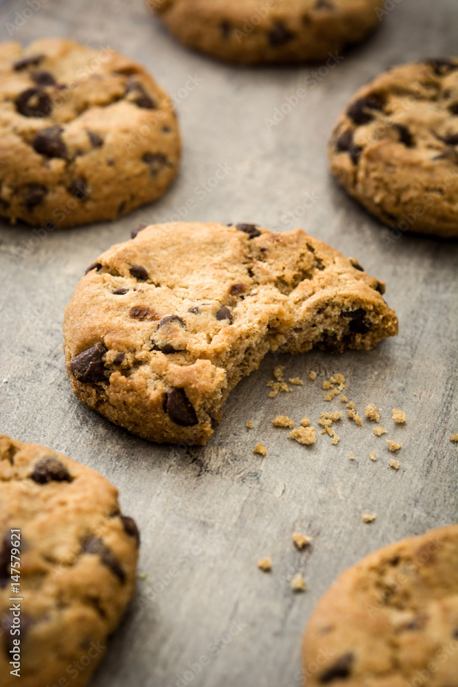 Chocolate chip cookies on wooden table
Chocolate chip cookies on wooden table