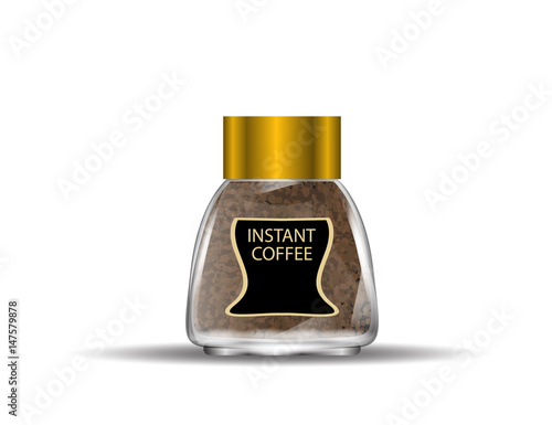 Coffee Glass Jar with Instant Coffee Granules Isolated on White Background.
