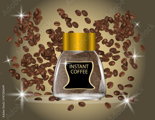 Coffee Glass Jar with Instant Coffee Granules and Coffee Beans Isolated on White Background.